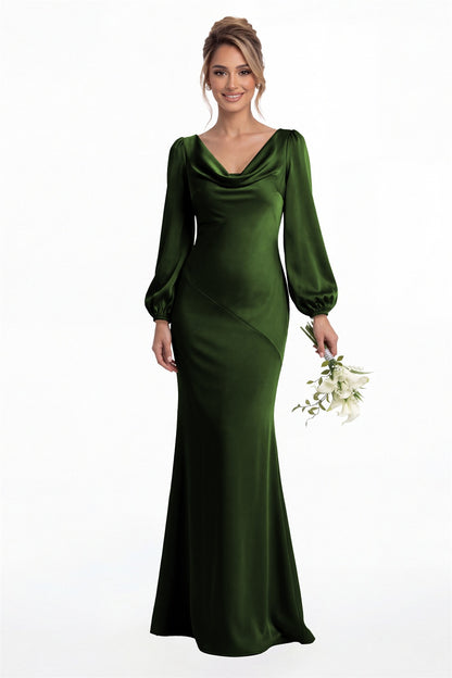 Emerald Green Cowl Neck Long Sleeve Satin Mermaid Maxi Gown Front View
