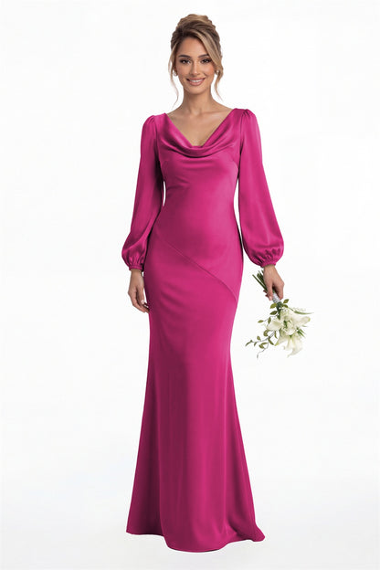 Fuchsia Cowl Neck Long Sleeve Satin Mermaid Maxi Gown Front View