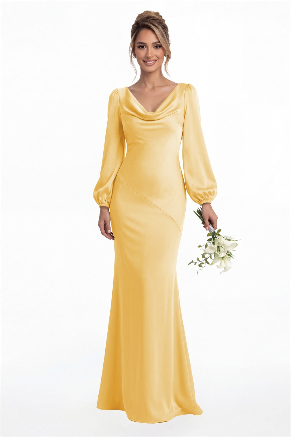 Gold Cowl Neck Long Sleeve Satin Mermaid Maxi Gown Front View