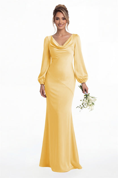 Gold Cowl Neck Long Sleeve Satin Mermaid Maxi Gown Front View