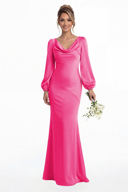Hot Pink Cowl Neck Long Sleeve Satin Mermaid Maxi Gown Front View