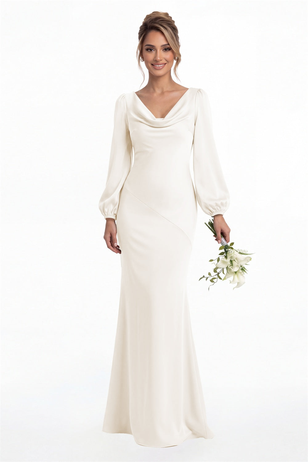 Ivory Cowl Neck Long Sleeve Satin Mermaid Maxi Gown Front View