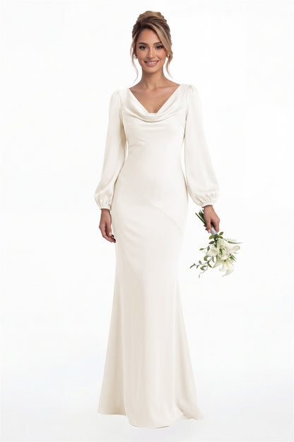 Ivory Cowl Neck Long Sleeve Satin Mermaid Maxi Gown Front View