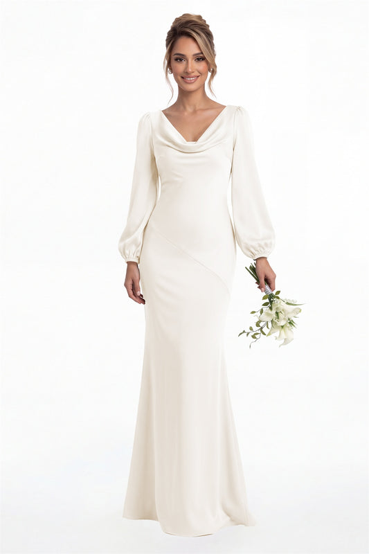 Ivory Cowl Neck Long Sleeve Satin Mermaid Maxi Gown Front View