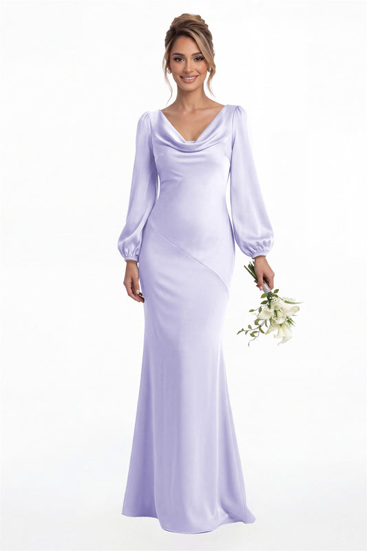 Lavender Cowl Neck Long Sleeve Satin Mermaid Maxi Gown Front View