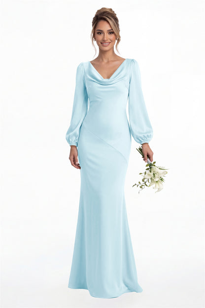 Light Blue Cowl Neck Long Sleeve Satin Mermaid Maxi Gown Front View