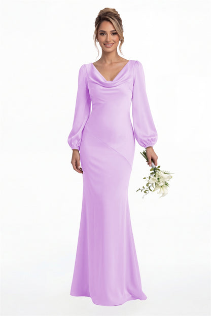 Lilac Cowl Neck Long Sleeve Satin Mermaid Maxi Gown Front View