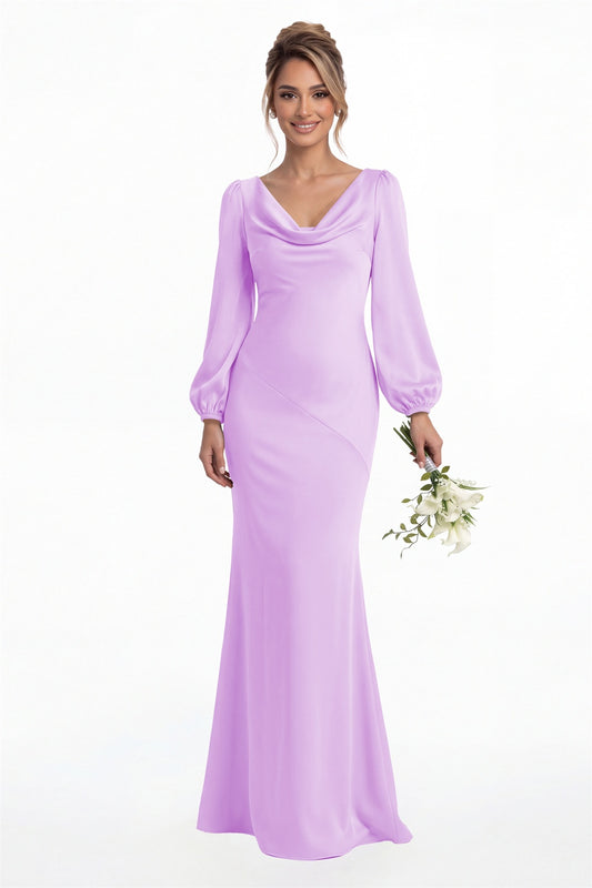 Lilac Cowl Neck Long Sleeve Satin Mermaid Maxi Gown Front View