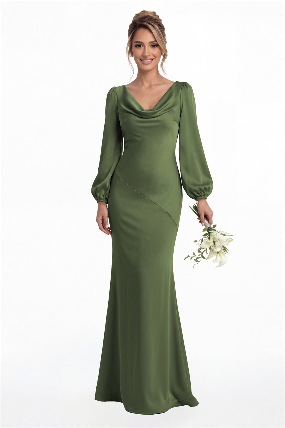 Moss Green Cowl Neck Long Sleeve Satin Mermaid Maxi Gown Front View