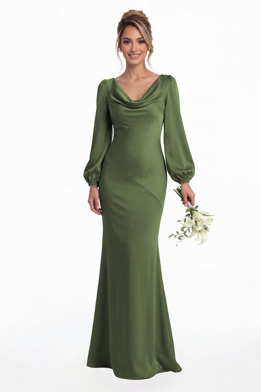Moss Green Cowl Neck Long Sleeve Satin Mermaid Maxi Gown Front View