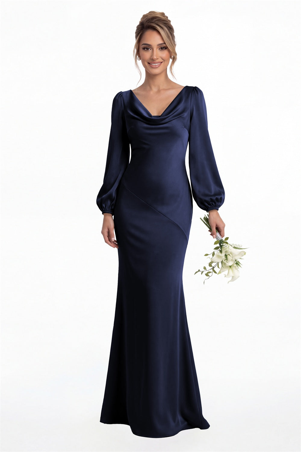 Navy Blue Cowl Neck Long Sleeve Satin Mermaid Maxi Gown Front View