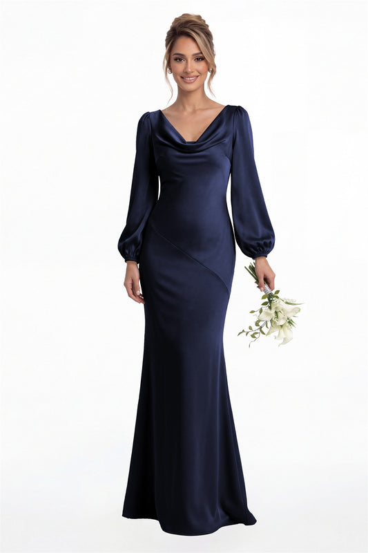 Navy Blue Cowl Neck Long Sleeve Satin Mermaid Maxi Gown Front View
