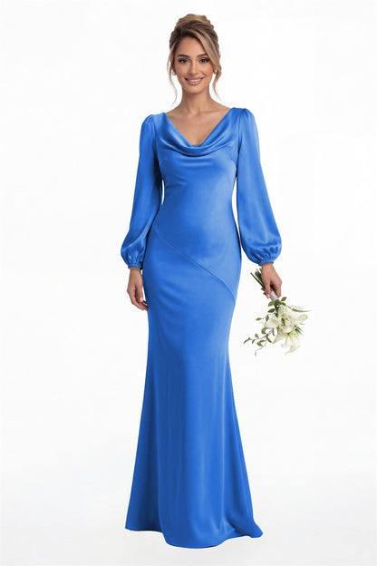 Ocean Blue Cowl Neck Long Sleeve Satin Mermaid Maxi Gown Front View