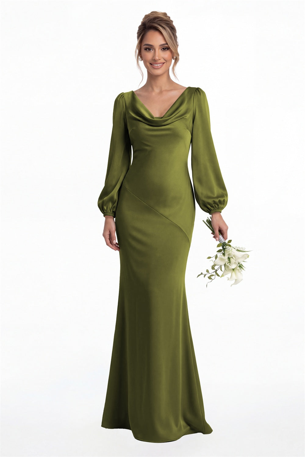 Olive Green Cowl Neck Long Sleeve Satin Mermaid Maxi Gown Front View