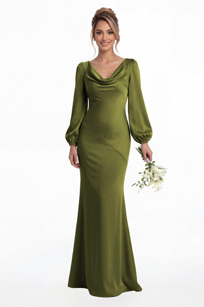 Olive Green Cowl Neck Long Sleeve Satin Mermaid Maxi Gown Front View