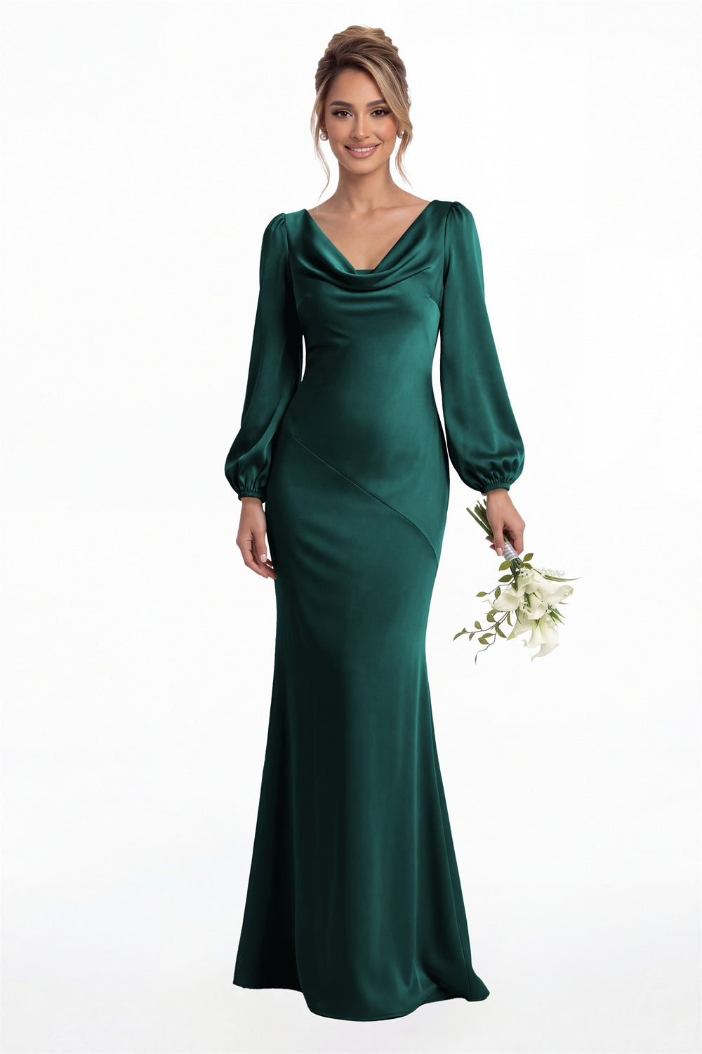 Peacock Cowl Neck Long Sleeve Satin Mermaid Maxi Gown Front View