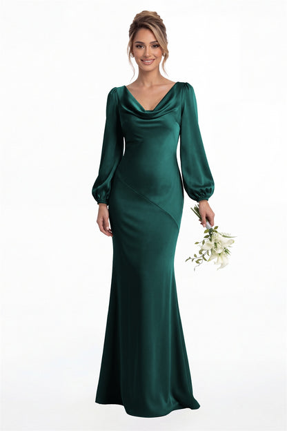 Peacock Cowl Neck Long Sleeve Satin Mermaid Maxi Gown Front View
