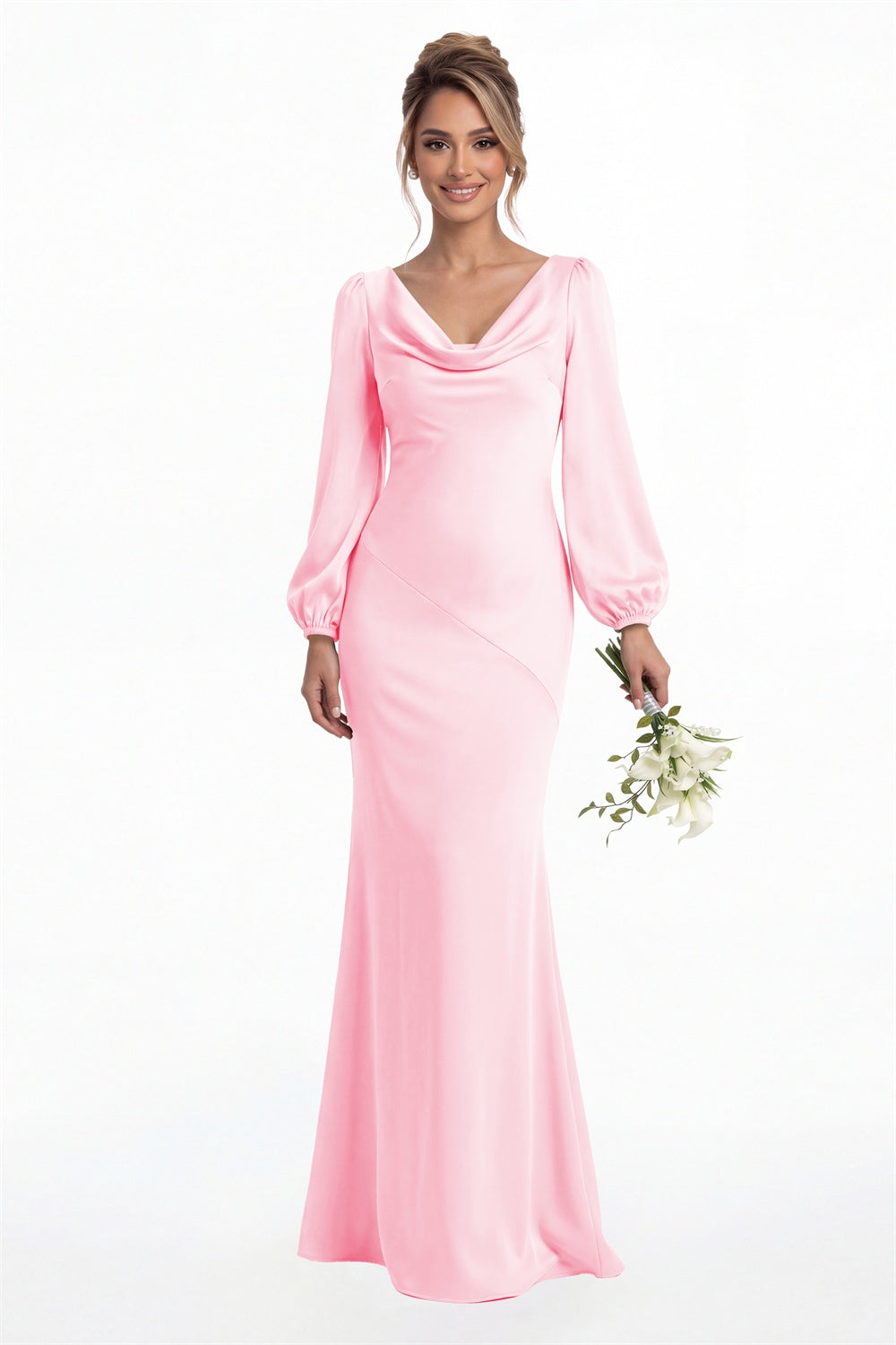 Pink Cowl Neck Long Sleeve Satin Mermaid Maxi Gown Front View