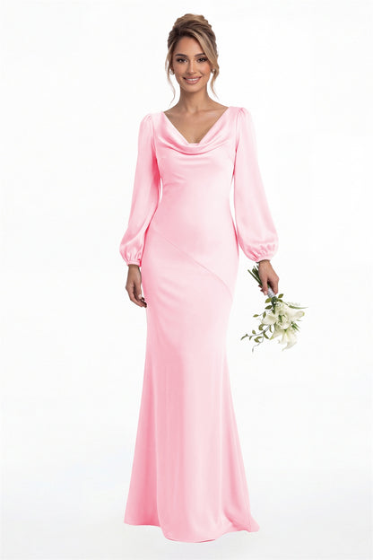 Pink Cowl Neck Long Sleeve Satin Mermaid Maxi Gown Front View
