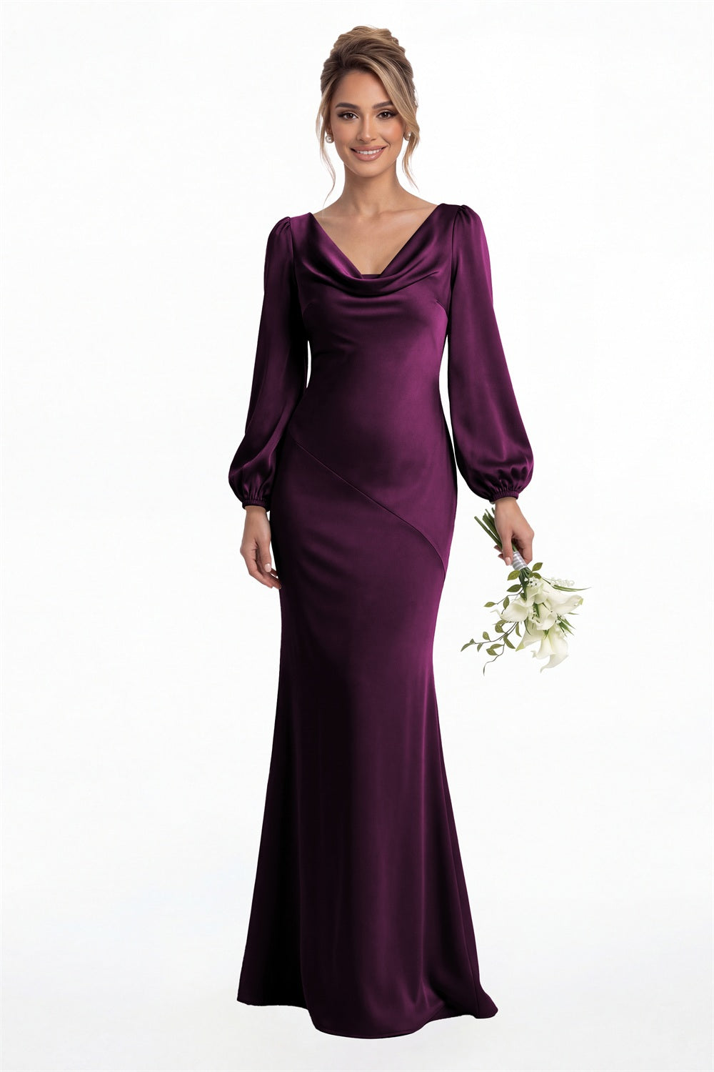 Plum Cowl Neck Long Sleeve Satin Mermaid Maxi Gown Front View