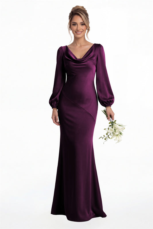 Plum Cowl Neck Long Sleeve Satin Mermaid Maxi Gown Front View