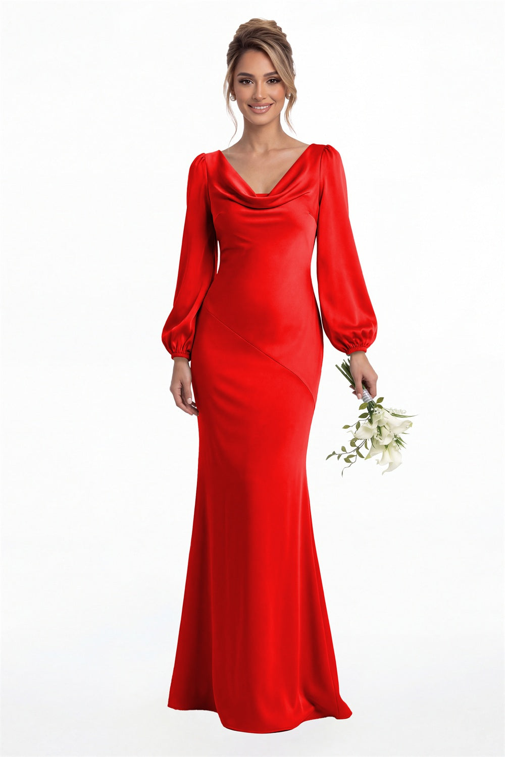 Red Cowl Neck Long Sleeve Satin Mermaid Maxi Gown Front View