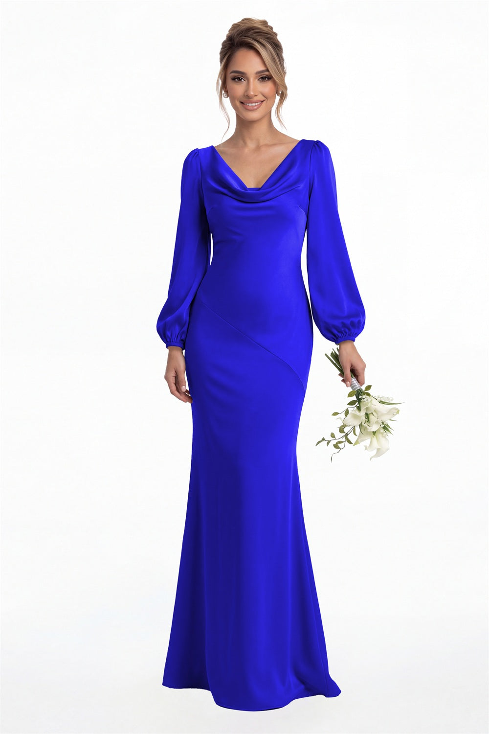 Royal Blue Cowl Neck Long Sleeve Satin Mermaid Maxi Gown Front View