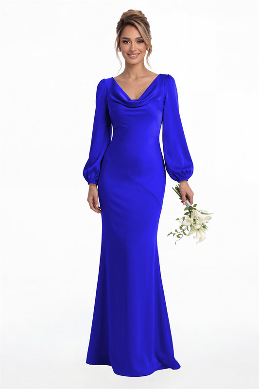 Royal Blue Cowl Neck Long Sleeve Satin Mermaid Maxi Gown Front View