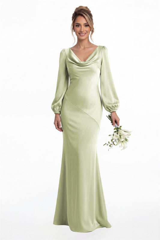 Sage Green Cowl Neck Long Sleeve Satin Mermaid Maxi Gown Front View