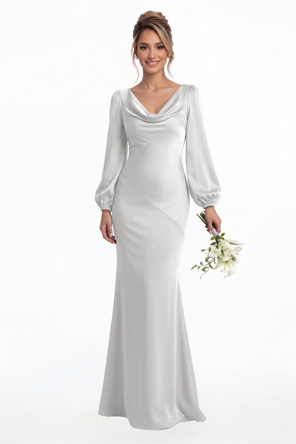 Silver Cowl Neck Long Sleeve Satin Mermaid Maxi Gown Front View