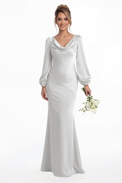 Silver Cowl Neck Long Sleeve Satin Mermaid Maxi Gown Front View