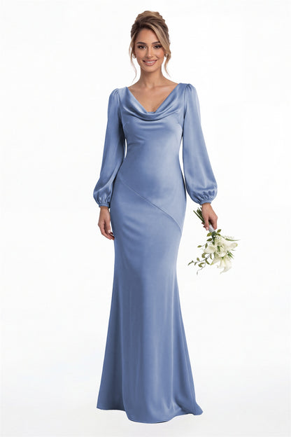 Steel Blue Cowl Neck Long Sleeve Satin Mermaid Maxi Gown Front View