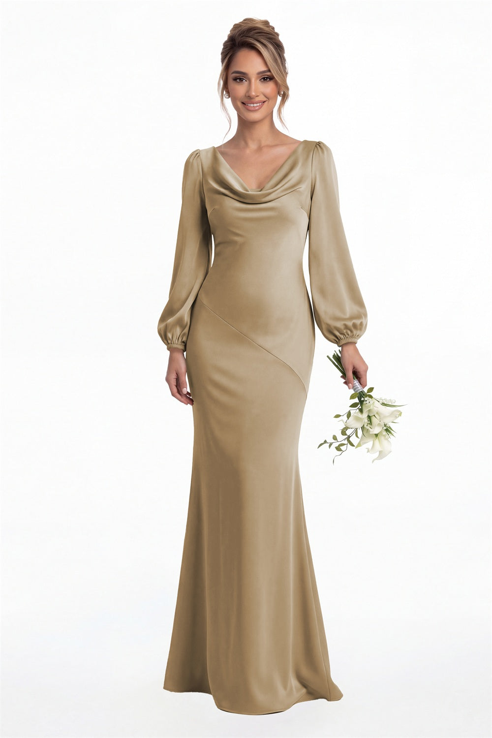 Taupe Cowl Neck Long Sleeve Satin Mermaid Maxi Gown Front View