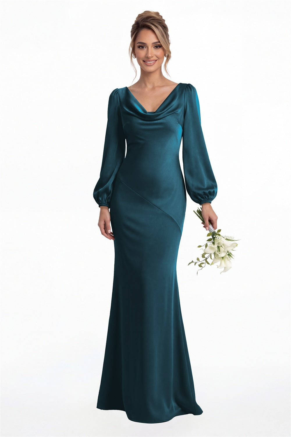 Teal Cowl Neck Long Sleeve Satin Mermaid Maxi Gown Front View