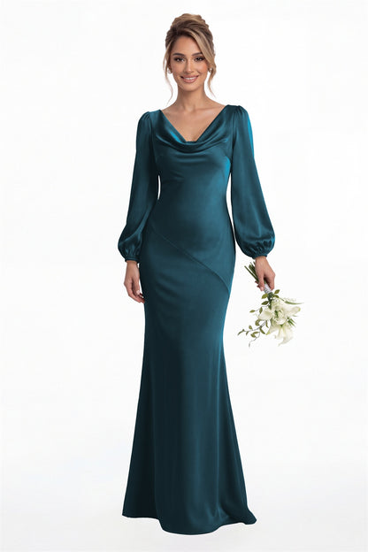 Teal Cowl Neck Long Sleeve Satin Mermaid Maxi Gown Front View