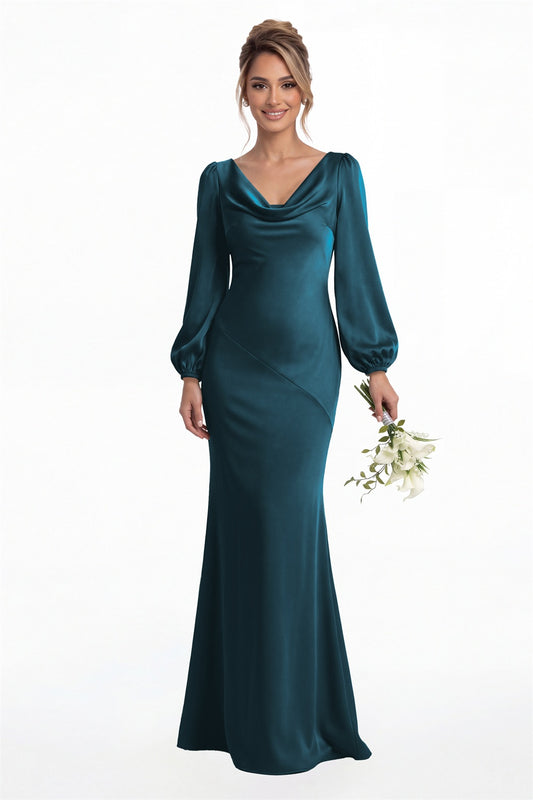 Teal Cowl Neck Long Sleeve Satin Mermaid Maxi Gown Front View