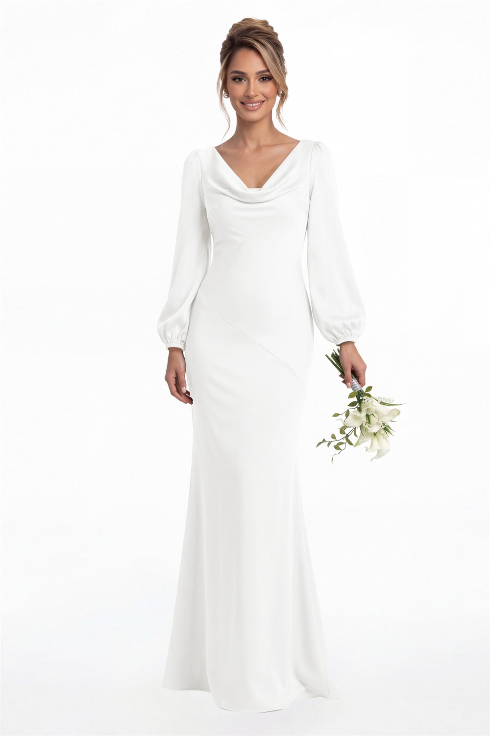 White Cowl Neck Long Sleeve Satin Mermaid Maxi Gown Front View