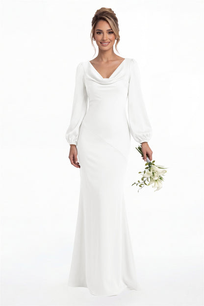 White Cowl Neck Long Sleeve Satin Mermaid Maxi Gown Front View