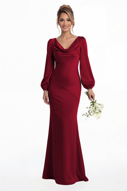 Wine Red Cowl Neck Long Sleeve Satin Mermaid Maxi Gown Front View