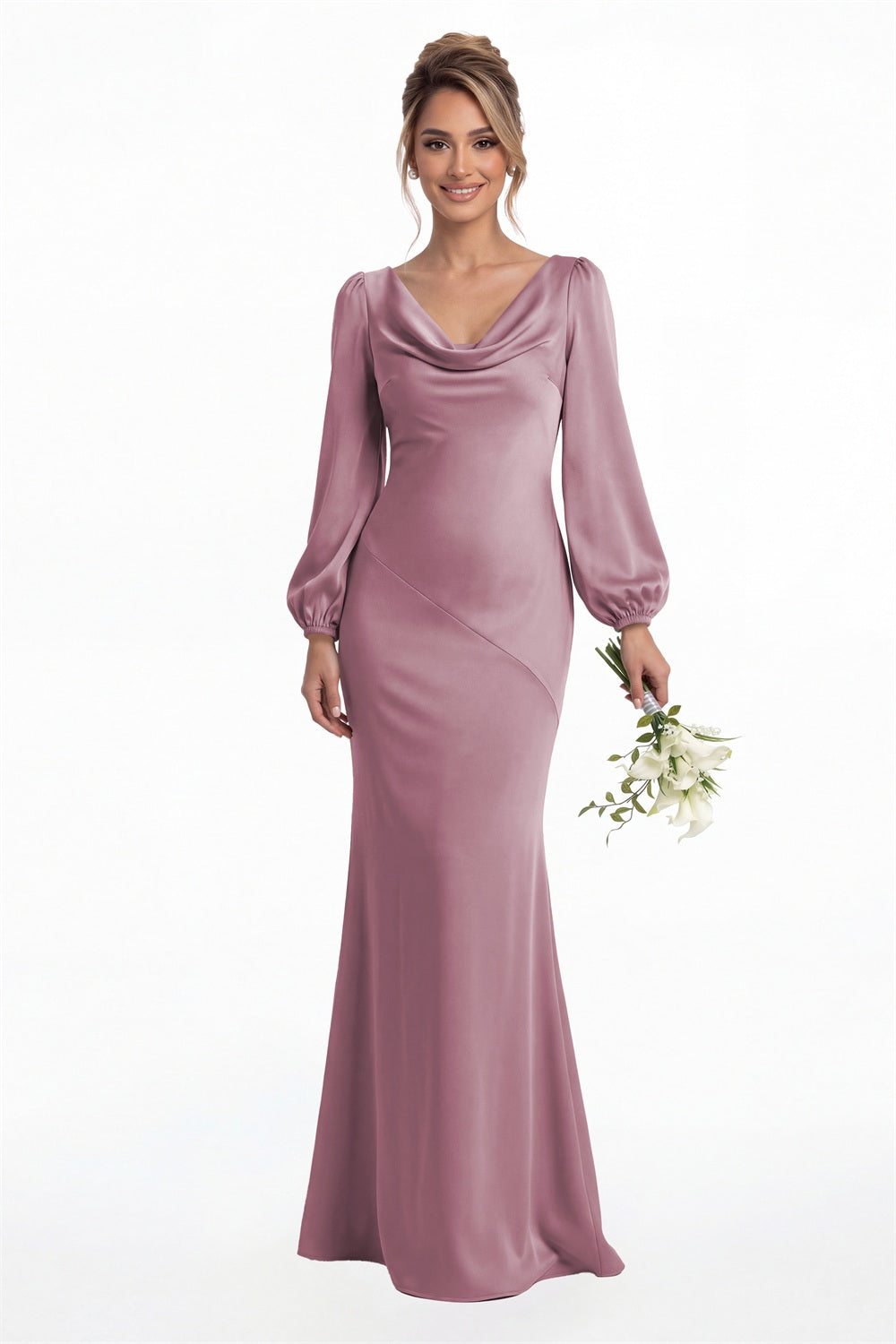 Wisteria Cowl Neck Long Sleeve Satin Mermaid Maxi Gown Front View