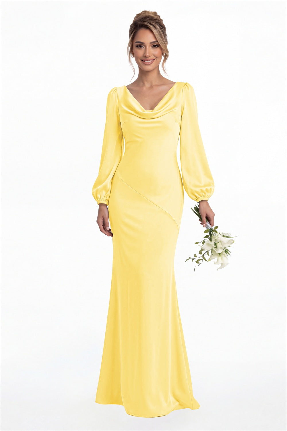 Yellow Cowl Neck Long Sleeve Satin Mermaid Maxi Gown Front View
