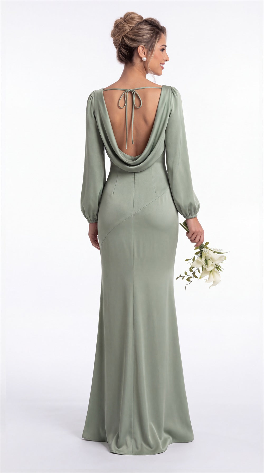 Cowl Neck Long Sleeve Satin Mermaid Maxi Gown Back View