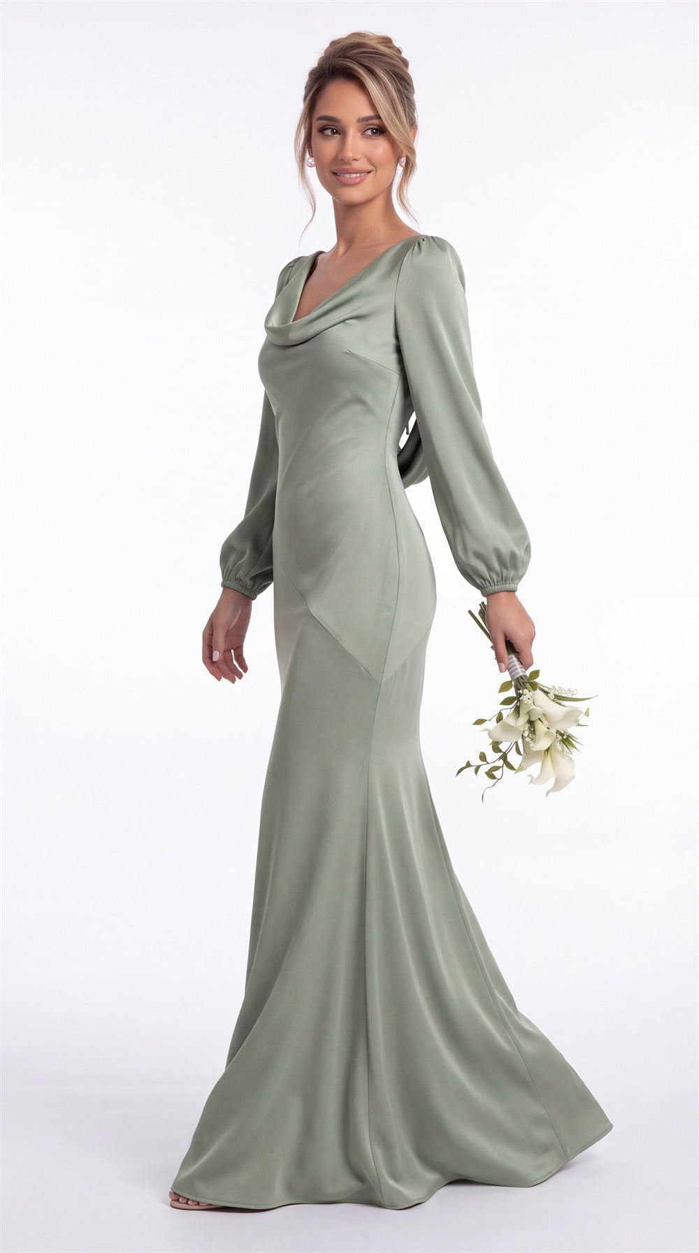 Cowl Neck Long Sleeve Satin Mermaid Maxi Gown Detail View 3