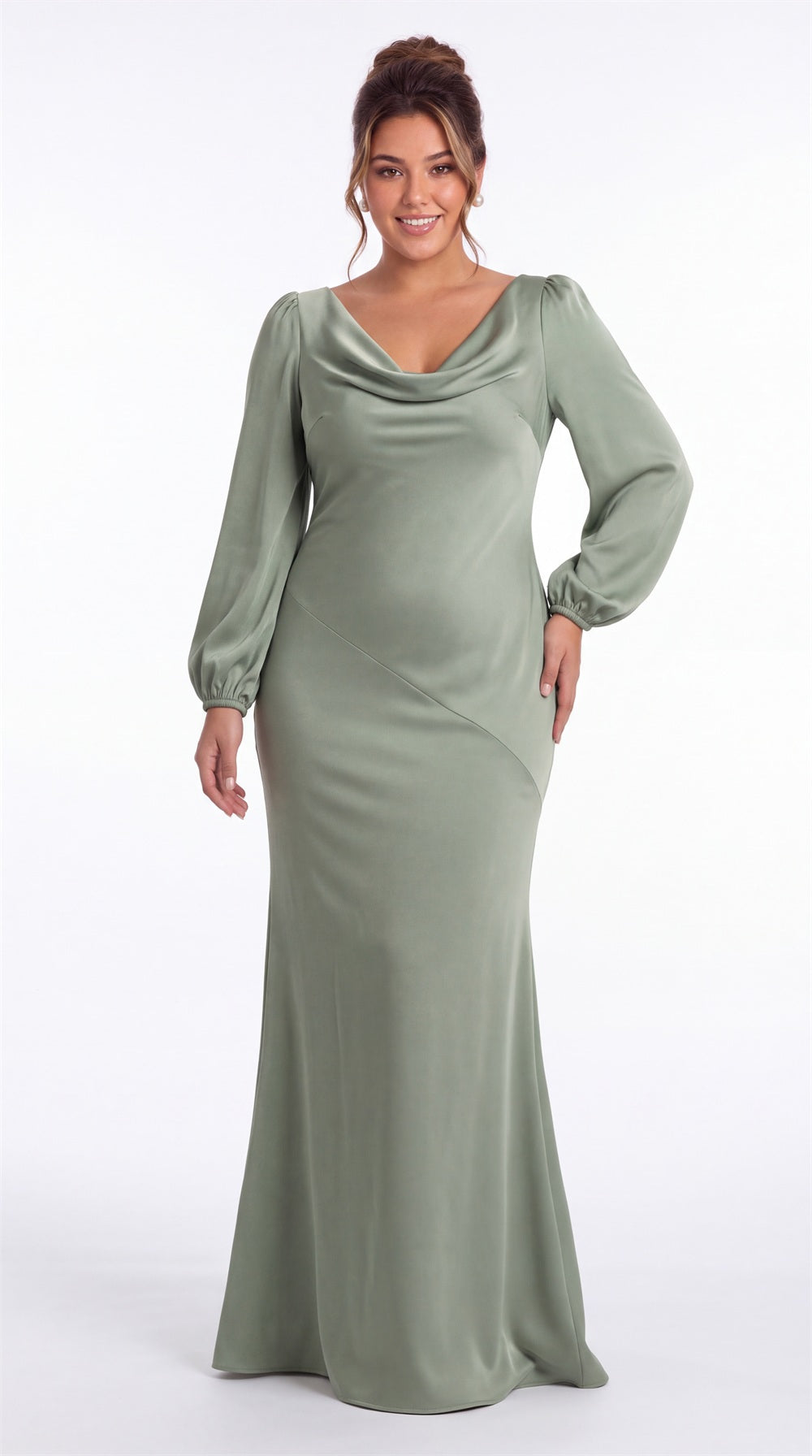 Cowl Neck Long Sleeve Satin Mermaid Maxi Gown Detail View 4