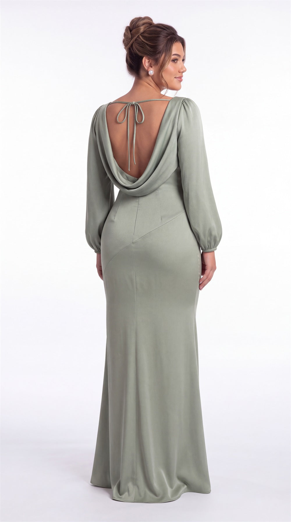 Cowl Neck Long Sleeve Satin Mermaid Maxi Gown Detail View 5