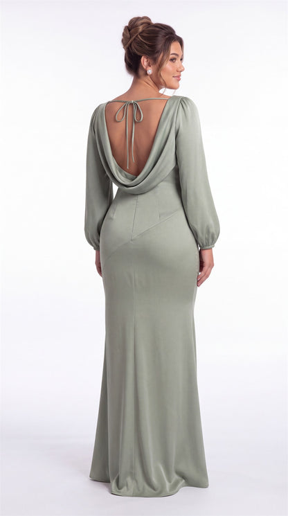 Cowl Neck Long Sleeve Satin Mermaid Maxi Gown Detail View 5