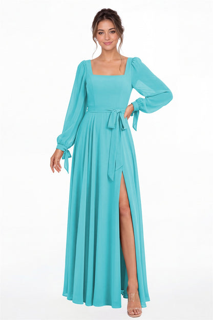 Aqua Blue Square Neck Long Sleeve Chiffon A-Line Slit Maxi Gown - Front View