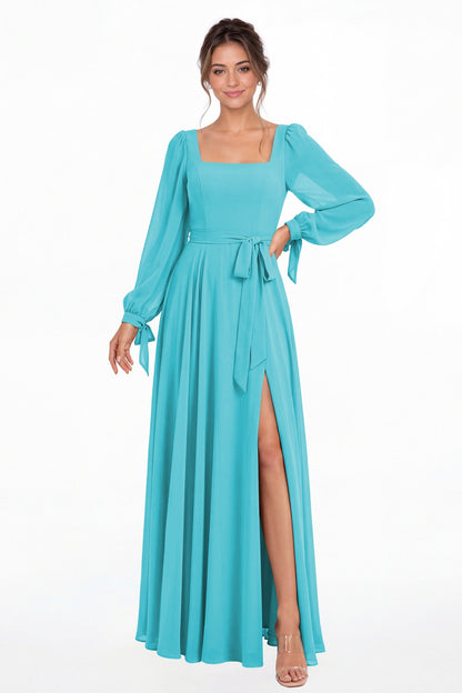 Aqua Blue Square Neck Long Sleeve Chiffon A-Line Slit Maxi Gown - Front View