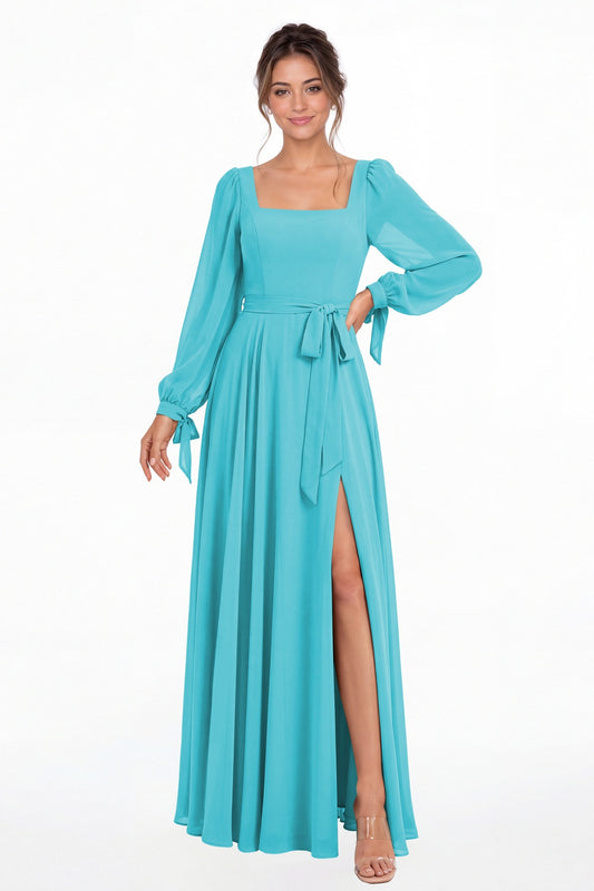 Aqua Blue Square Neck Long Sleeve Chiffon A-Line Slit Maxi Gown - Front View