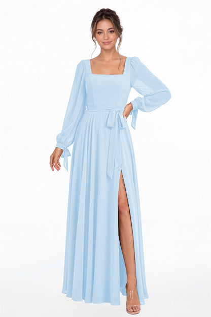 Baby Blue Square Neck Long Sleeve Chiffon A-Line Slit Maxi Gown - Front View